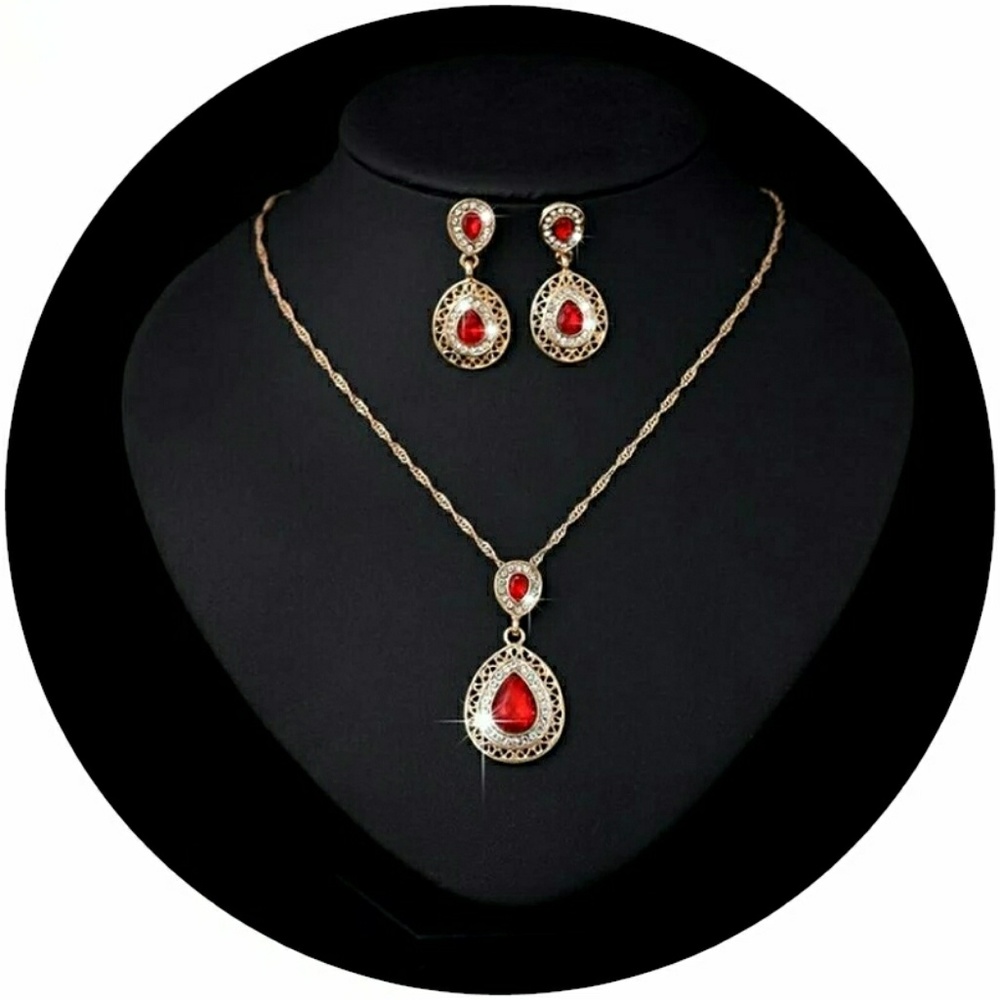 Womens Red Crystal Necklace Set